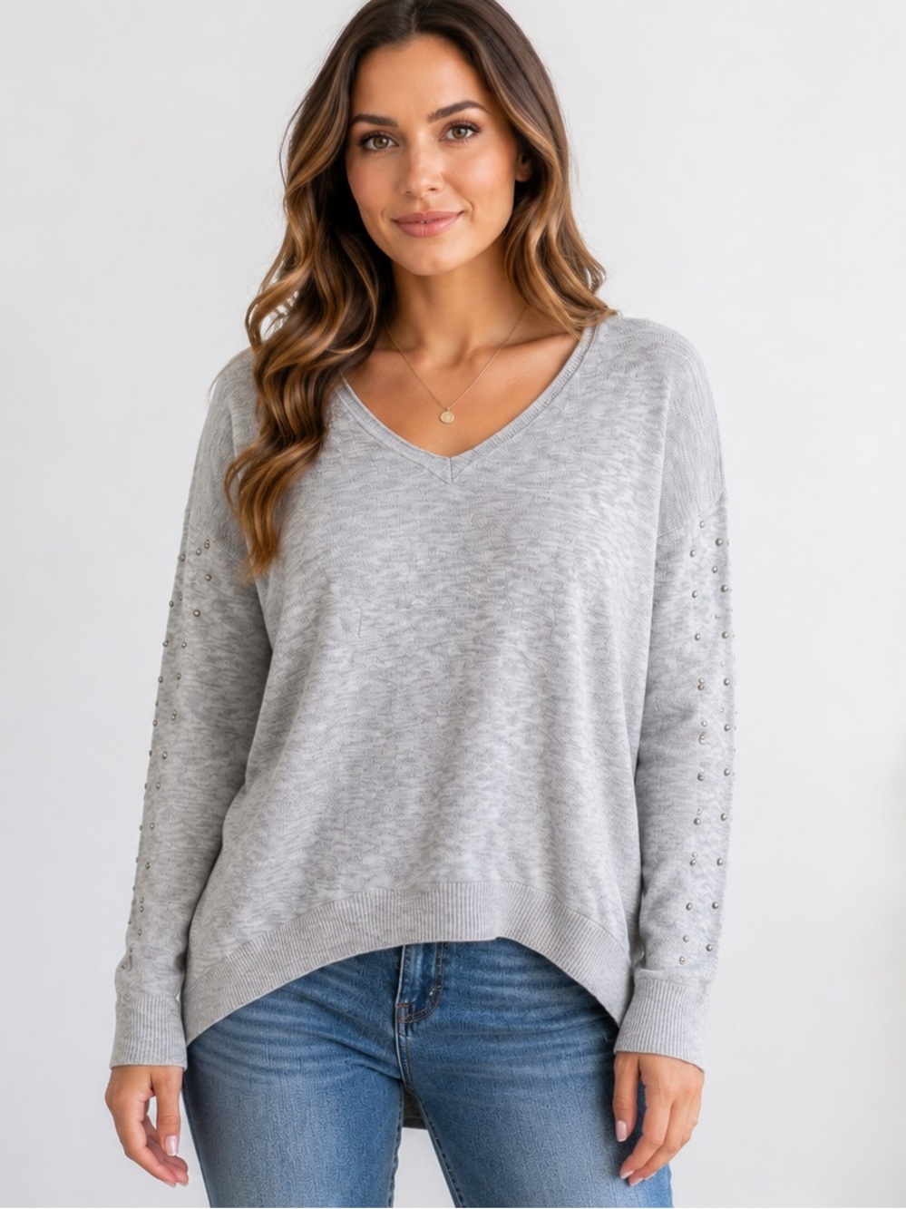 Rock & Republic Gray Beaded Sleeve V-Neck Sweater Small High Low Lightweight Top
